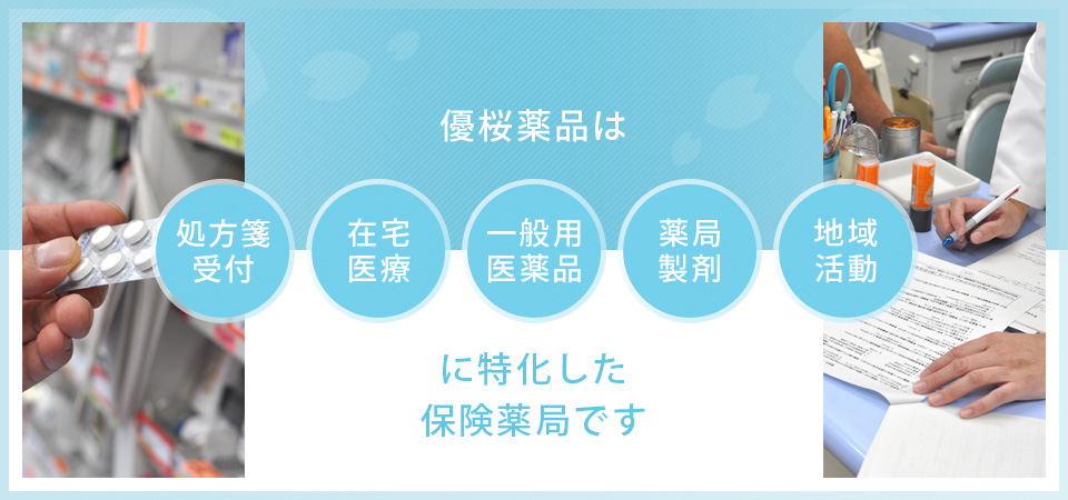 優桜薬品は外来調剤・在宅医療・一般用医薬品・薬局製剤・地域活動に特化した保険調剤薬局です